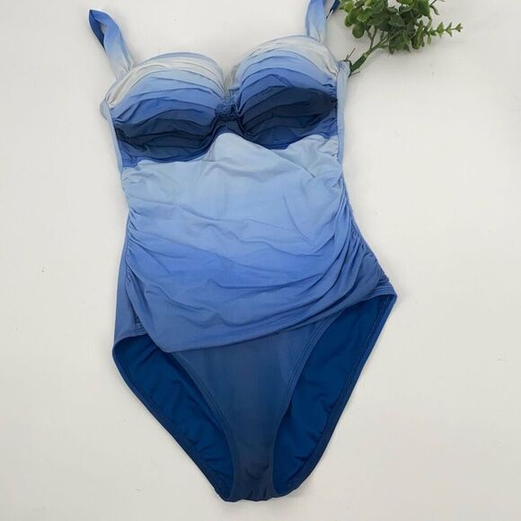Bleu Rod Beattie 10 Hola Shirred Bandeau Ombre‎ One-Piece Swimsuit Blue - Picture 3 of 12